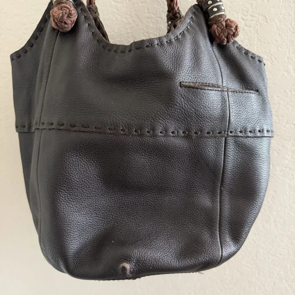 The Sak Slouchy Bucket Hobo Bag Black Leather Braided Straps Studs Y2K Purse